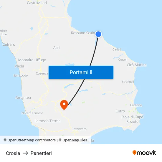 Crosia to Panettieri map