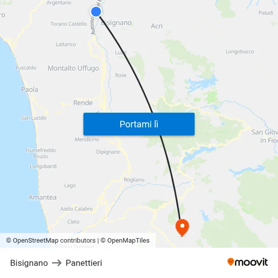 Bisignano to Panettieri map