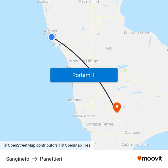 Sangineto to Panettieri map