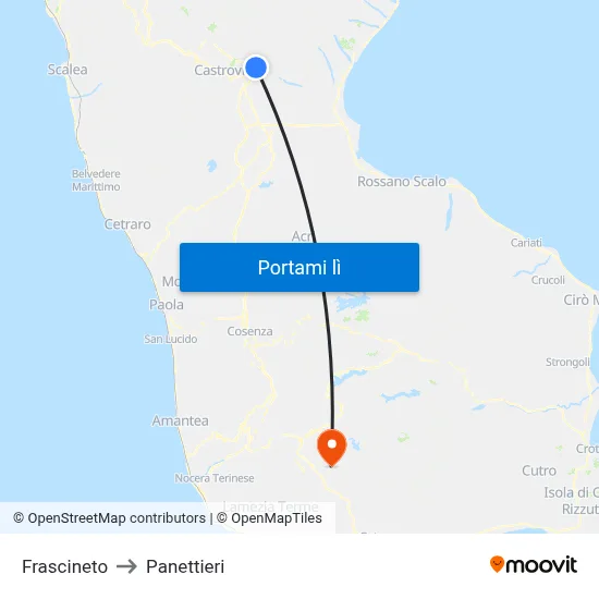 Frascineto to Panettieri map