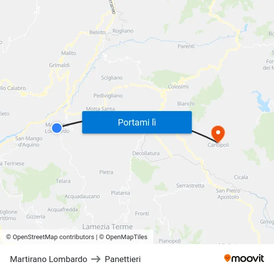 Martirano Lombardo to Panettieri map