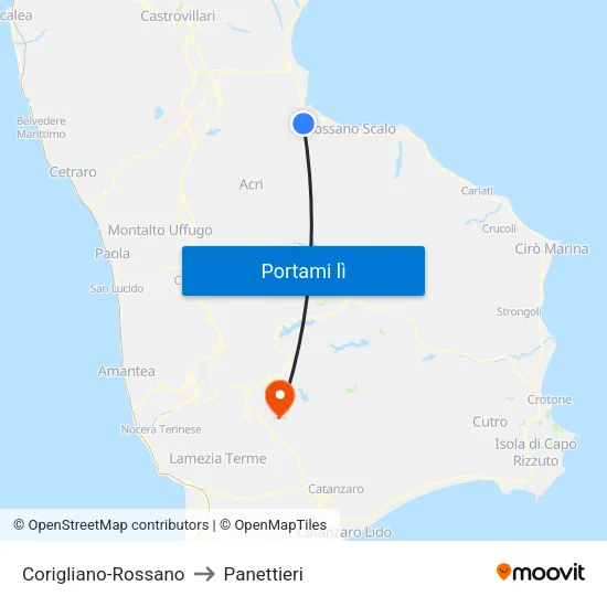 Corigliano-Rossano to Panettieri map