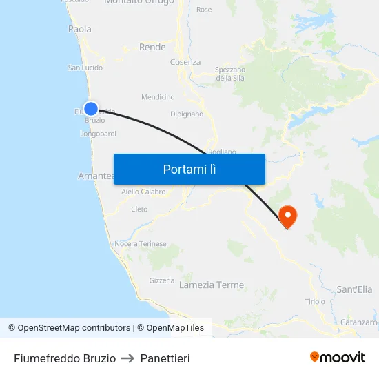 Fiumefreddo Bruzio to Panettieri map