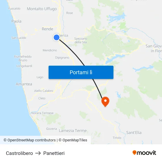Castrolibero to Panettieri map