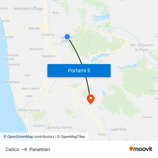 Celico to Panettieri map