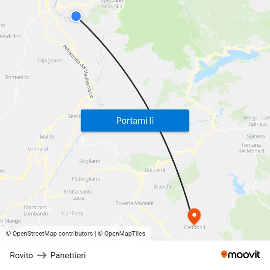 Rovito to Panettieri map