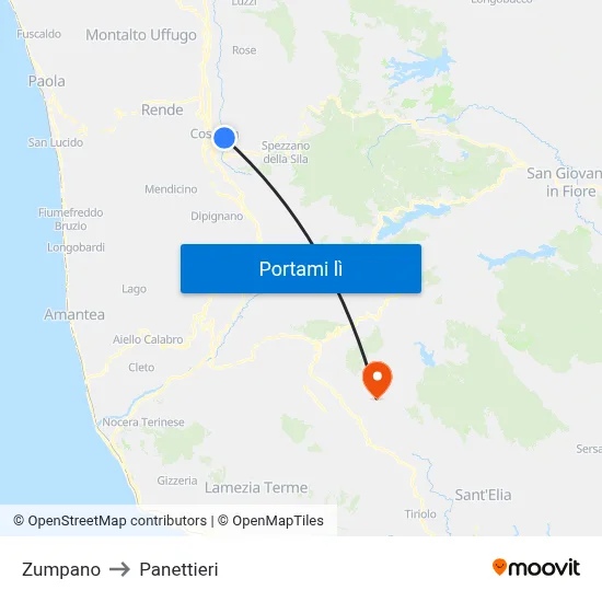Zumpano to Panettieri map