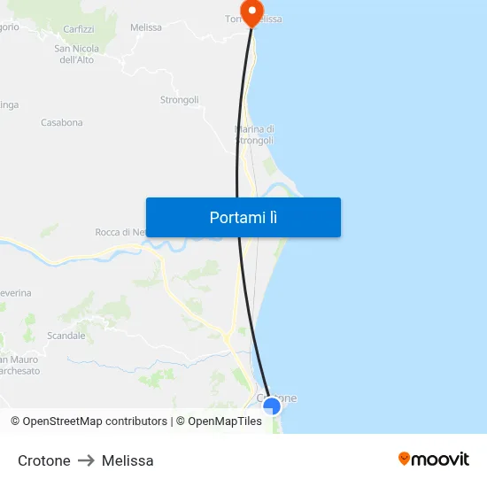 Crotone to Melissa map