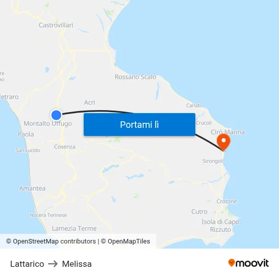 Lattarico to Melissa map