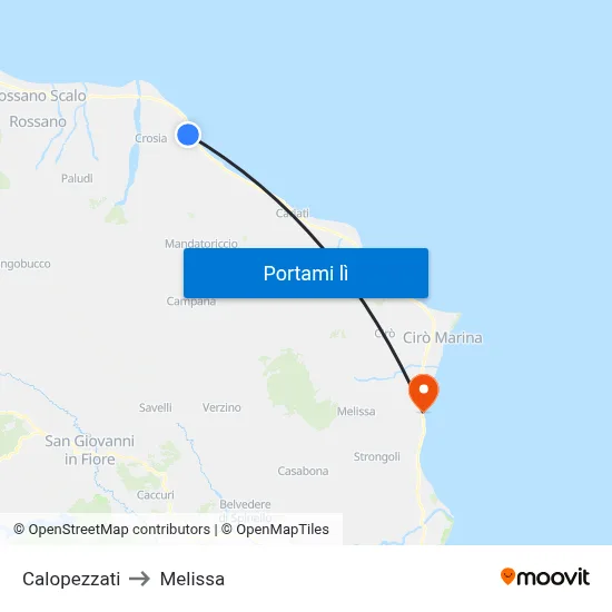 Calopezzati to Melissa map