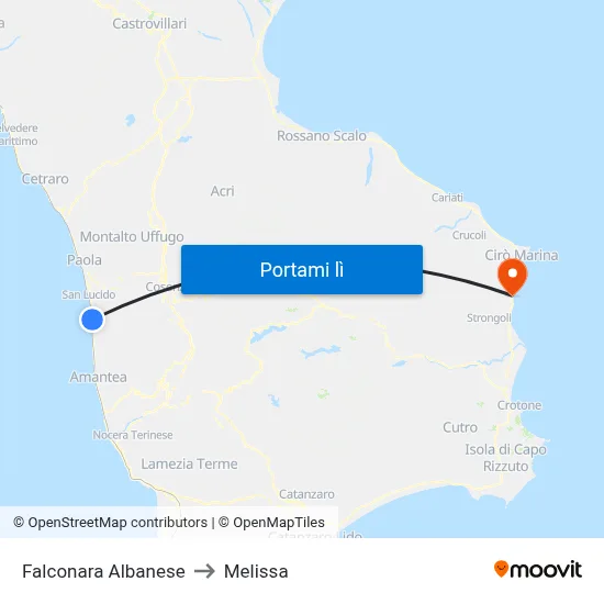 Falconara Albanese to Melissa map