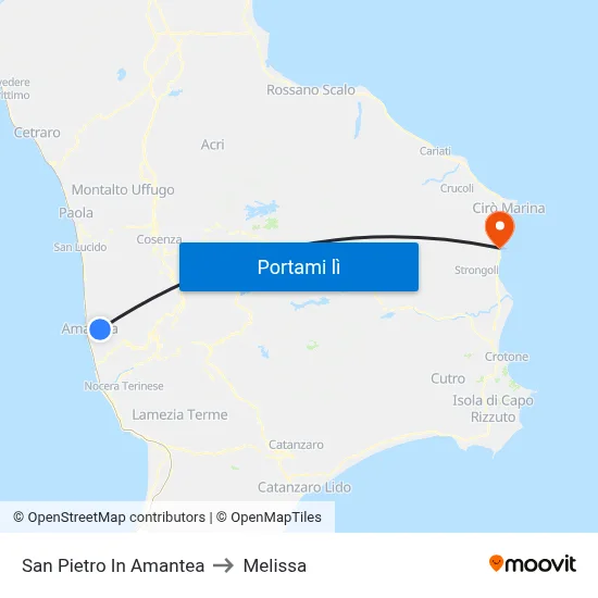 San Pietro In Amantea to Melissa map