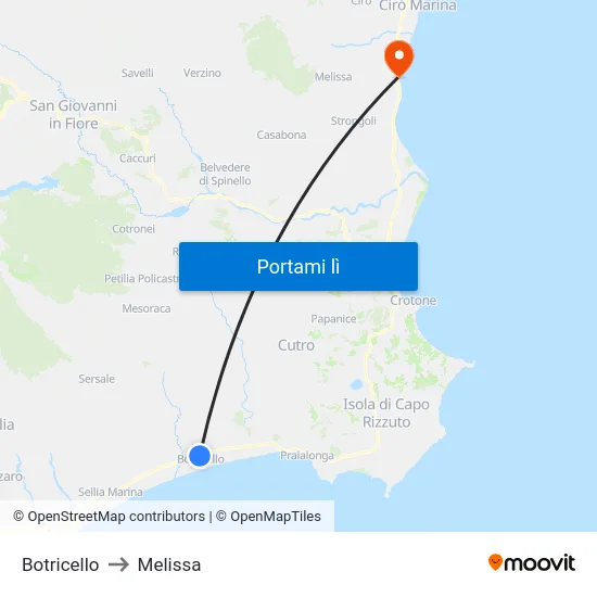 Botricello to Melissa map