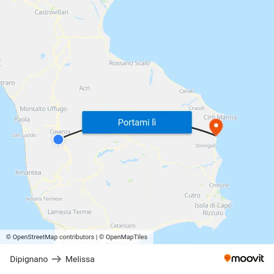 Dipignano to Melissa map