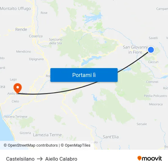 Castelsilano to Aiello Calabro map