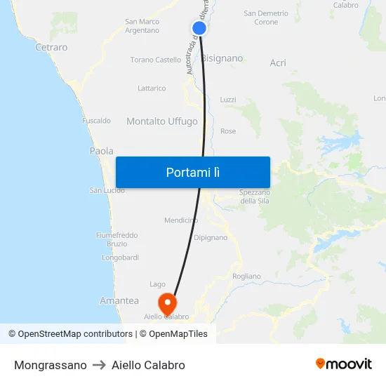 Mongrassano to Aiello Calabro map