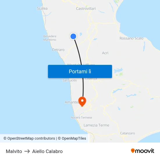 Malvito to Aiello Calabro map