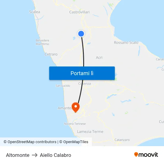 Altomonte to Aiello Calabro map