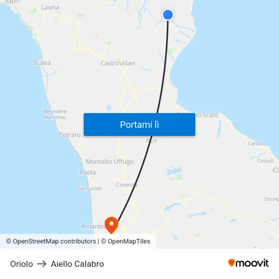 Oriolo to Aiello Calabro map