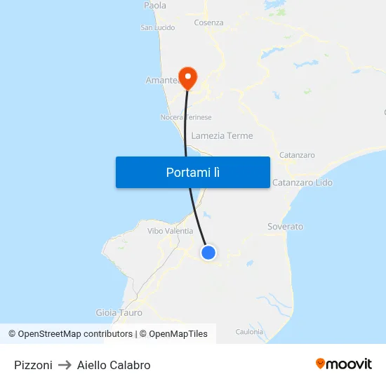 Pizzoni to Aiello Calabro map