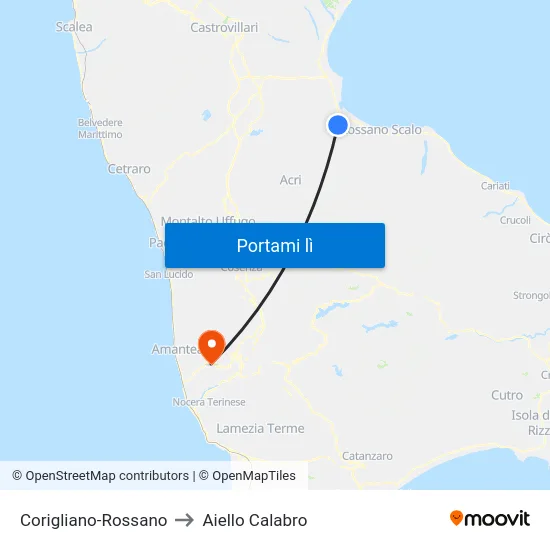 Corigliano-Rossano to Aiello Calabro map