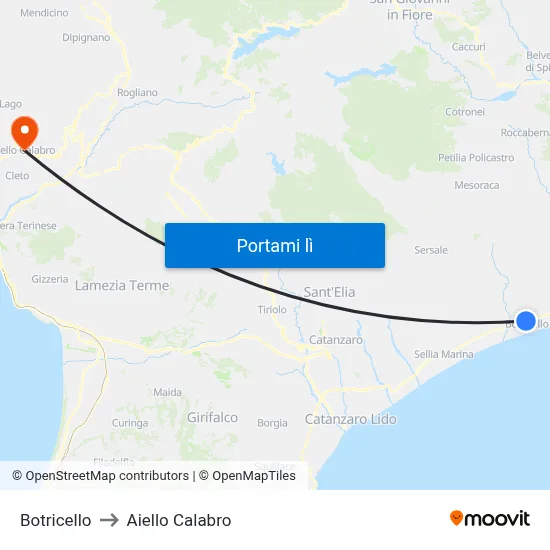Botricello to Aiello Calabro map
