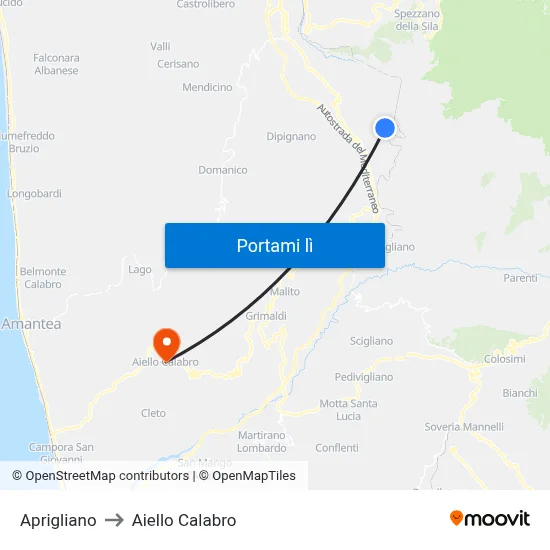 Aprigliano to Aiello Calabro map