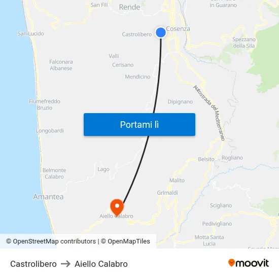 Castrolibero to Aiello Calabro map