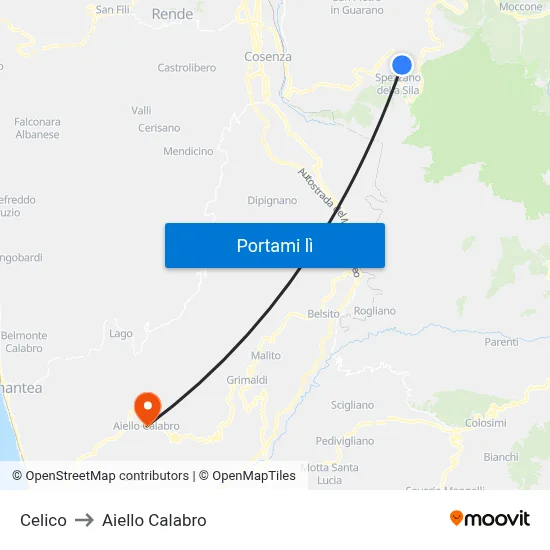 Celico to Aiello Calabro map