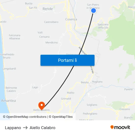 Lappano to Aiello Calabro map