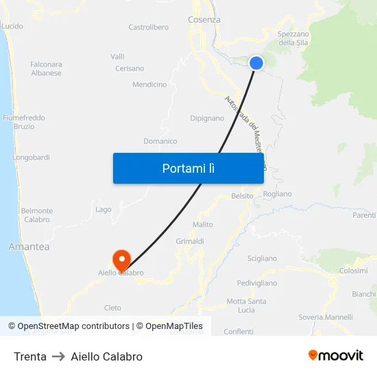 Trenta to Aiello Calabro map