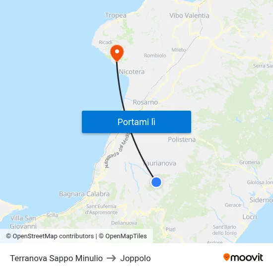 Terranova Sappo Minulio to Joppolo map