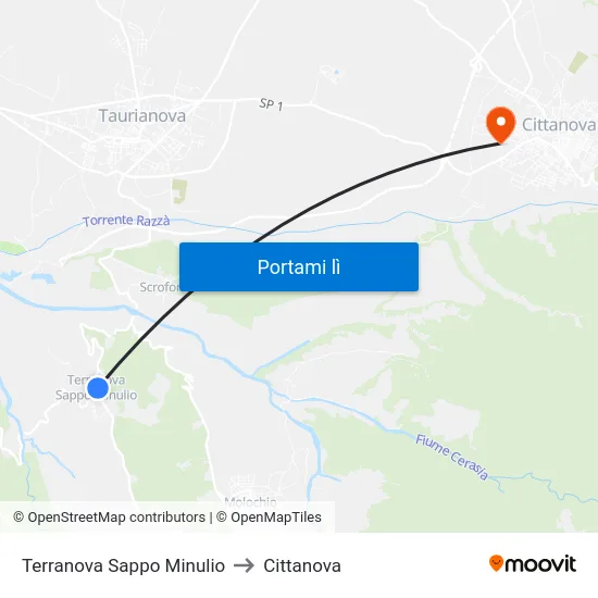 Terranova Sappo Minulio to Cittanova map