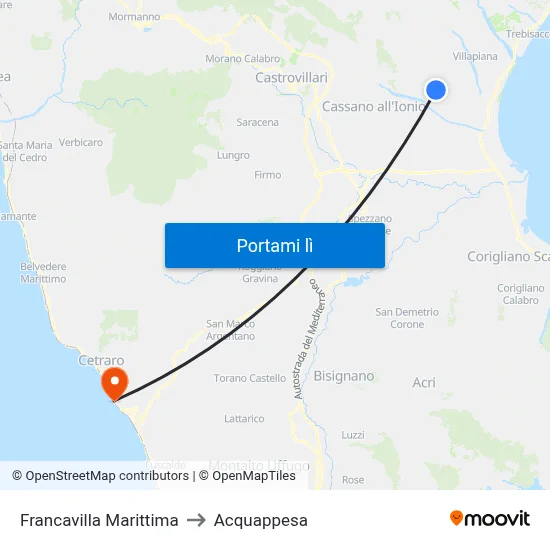 Francavilla Marittima to Acquappesa map