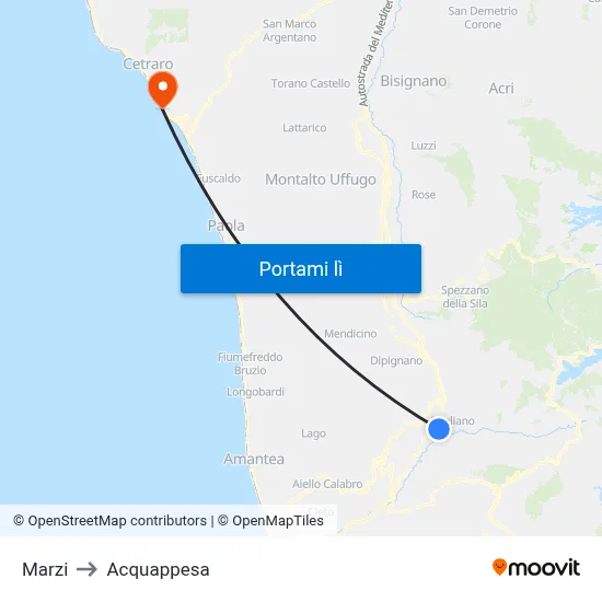 Marzi to Acquappesa map