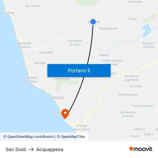 San Sosti to Acquappesa map