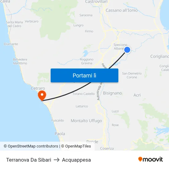 Terranova Da Sibari to Acquappesa map