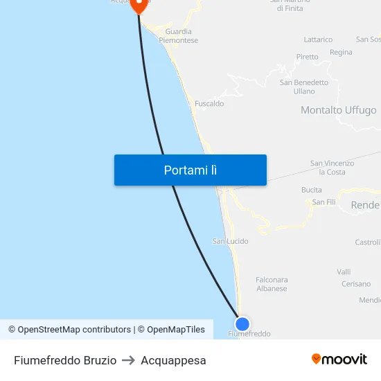 Fiumefreddo Bruzio to Acquappesa map