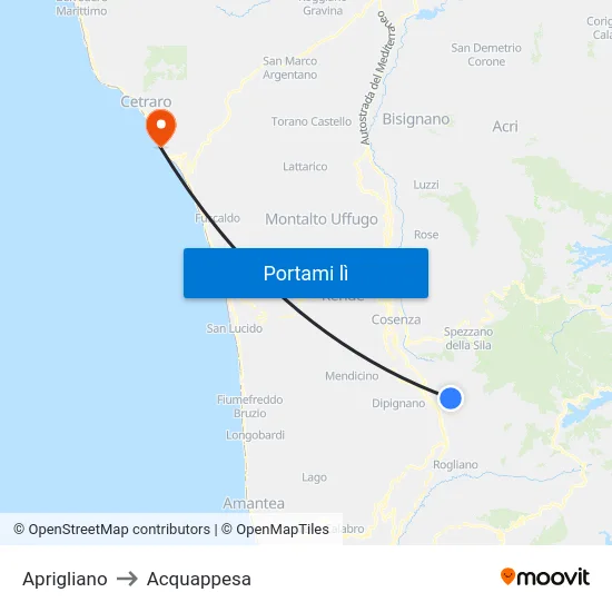 Aprigliano to Acquappesa map