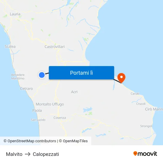 Malvito to Calopezzati map