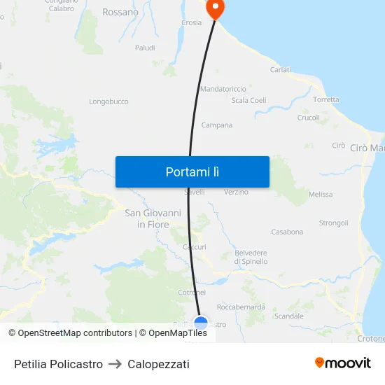 Petilia Policastro to Calopezzati map
