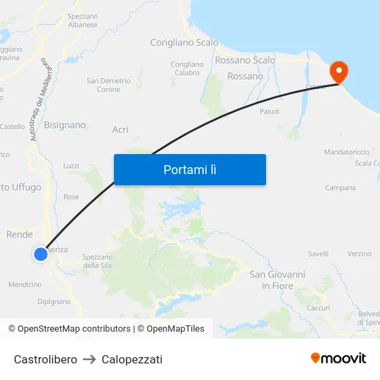 Castrolibero to Calopezzati map