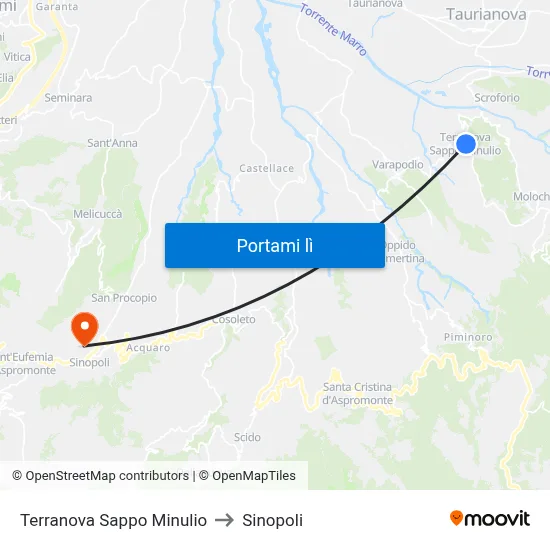 Terranova Sappo Minulio to Sinopoli map