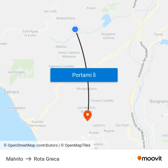 Malvito to Rota Greca map