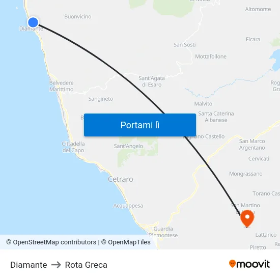 Diamante to Rota Greca map