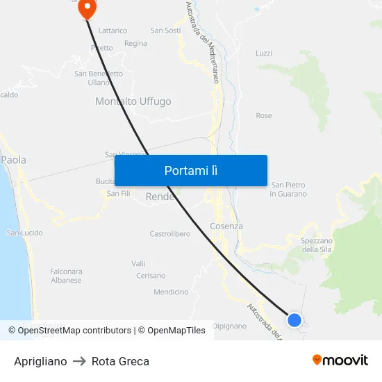 Aprigliano to Rota Greca map