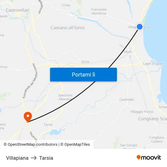 Villapiana to Tarsia map