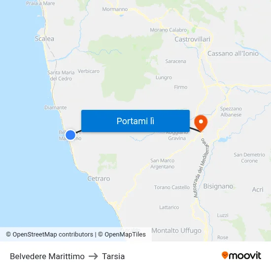 Belvedere Marittimo to Tarsia map