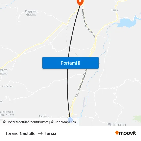 Torano Castello to Tarsia map