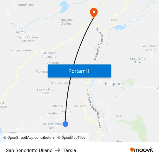 San Benedetto Ullano to Tarsia map